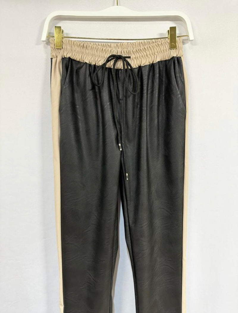 Faux Leather Joggers with Stripe Contrast