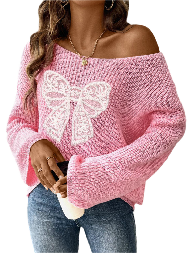 Bow Boat Neck Long Sleeve Sweater