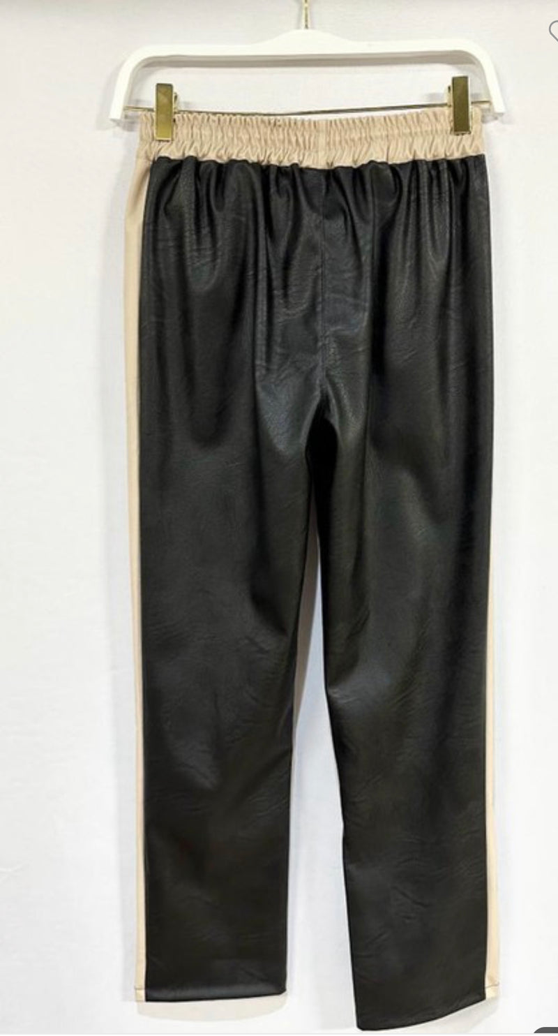 Faux Leather Joggers with Stripe Contrast